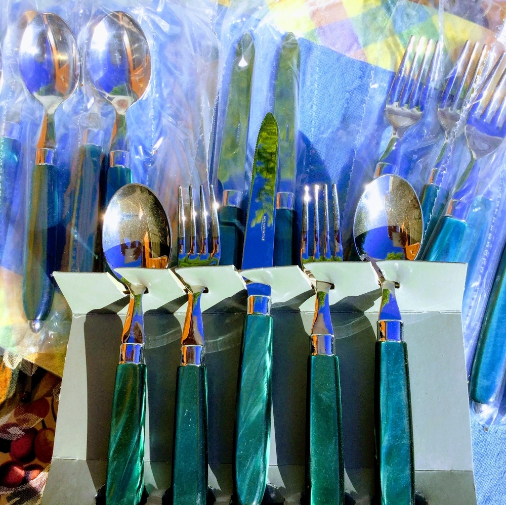 🇮🇹  Italian Designed Silverware Emerald Tortoiseshell 19 Piece Set DeadStock